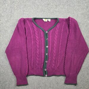Liz Claiborne Cardigan Women Medium Purple Cable Knit Cotton Vintage 90s Trim